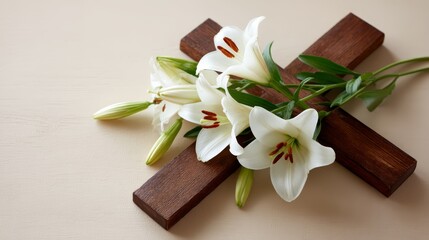 A detailed view of a wooden cross decorated with blooming white lilies on a soft ivory background, designed to convey solemnity and remembrance