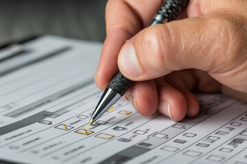 Close up of completing questionnaire with pen filling boxes of answer options, form with checkboxes filled