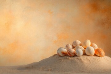 A serene still life captures seashells nestled on a sandy dune against a warm, textured backdrop, evoking coastal tranquility.
