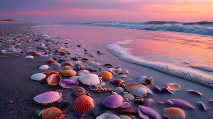 Serene beach at dawn adorned with vibrant seashells along the shoreline