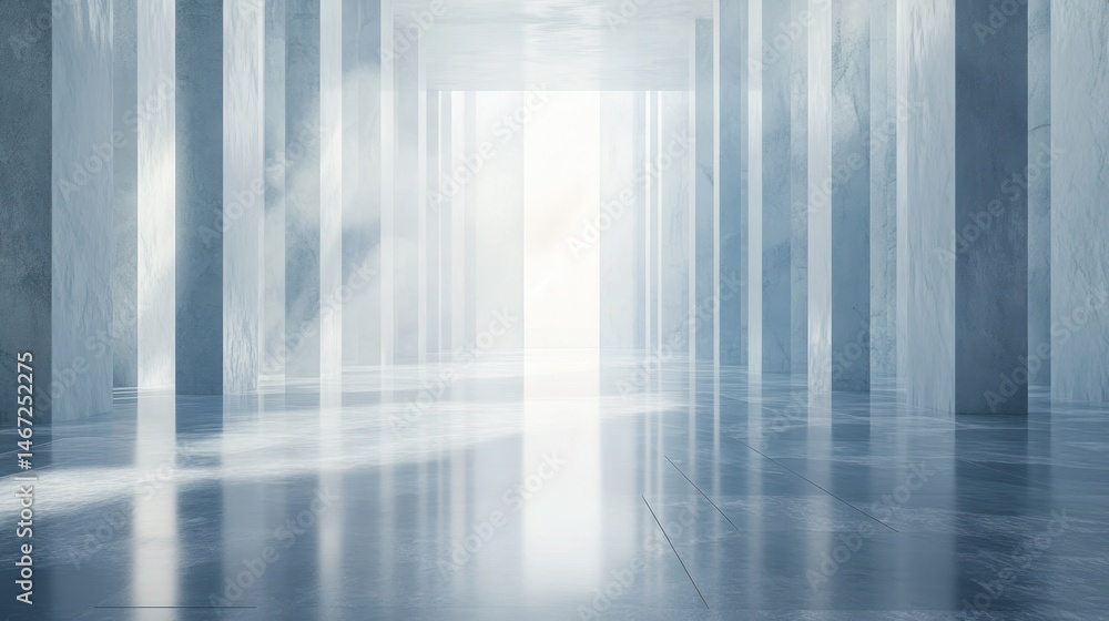 Poster light shining through a long hallway with many tall marble columns and a reflective floor.