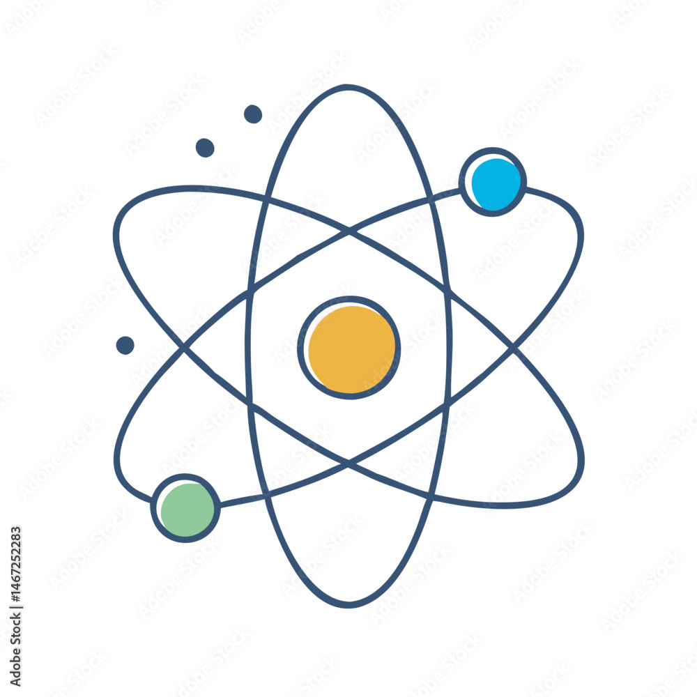 Aufkleber illustration of atom model structure with electrons orbiting nucleus for science and physics educati
