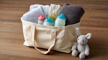 A canvas tote bag holds various baby supplies including pacifiers, a soft blanket, and a plush bunny, ideal for new parents needing essential items