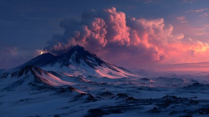 Snow-covered volcano at dusk with steam rising over the serene landscape creating a stunning natural backdrop