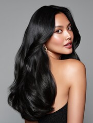 Long light black hair cascading over shoulders, glossy shine and soft texture captured in high detail