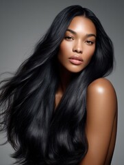 Long hair flowing like a waterfall, silky black texture enhanced by beauty lighting