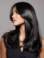 Fototapeta premium Long light black hair cascading over shoulders, glossy shine and soft texture captured in high detail