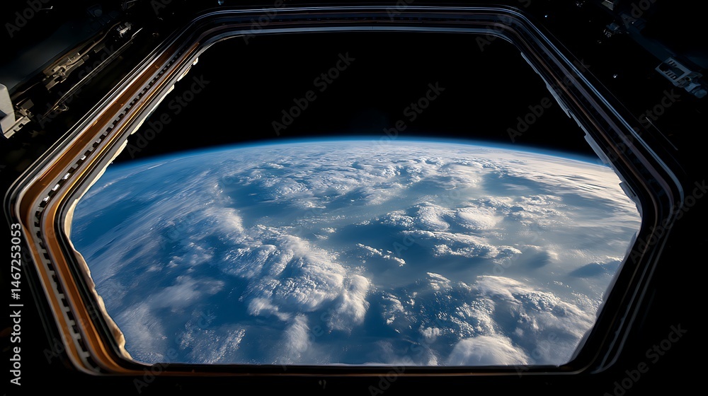 Poster View of earth planet from space station window with clouds and atmosphere against the backdrop of space