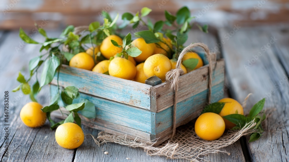 Poster a rustic wooden crate overflows with vibrant golden oranges, surrounded by lush green leaves, showca