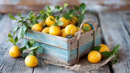 A rustic wooden crate overflows with vibrant golden oranges, surrounded by lush green leaves, showcasing the essence of a bountiful citrus harvest in a warm setting