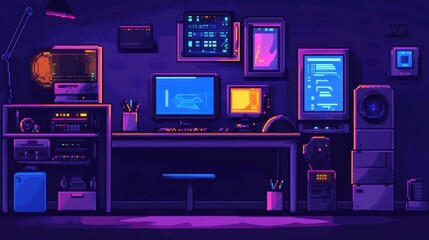 Retro pixelated gaming room featuring neon lights and vintage computer setup evoking a nostalgic atmosphere for gaming enthusiasts