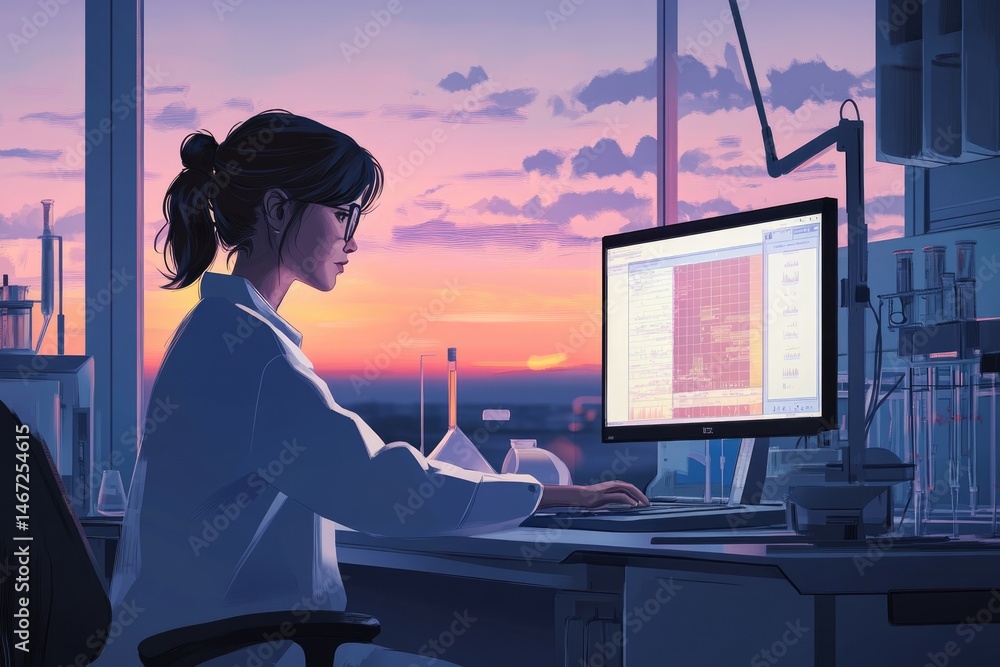 Poster scientist in lab coat analyzing data on a computer, with a stunning sunset backdrop through the wind