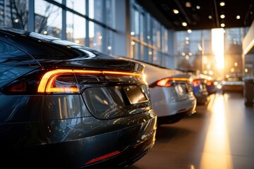 A row of sleek, modern electric cars parked in a futuristic showroom, captured from a low-angle shot to emphasize their glossy finishes and LED taillights.