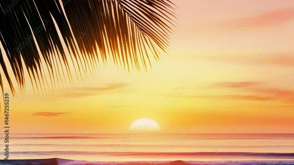 Poster golden sun setting over calm ocean waves, framed by the silhouette of palm tree leaves, creating a s