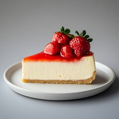 Cheesecake Slice with Strawberries on White Plate Against Neutral Gray Background