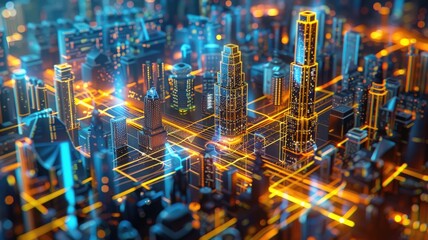 Futuristic cityscape with glowing blue and orange grid lines. Digital artwork of building structure with glowing light. Technology innovation and urban development concept for design and print. AIG53.