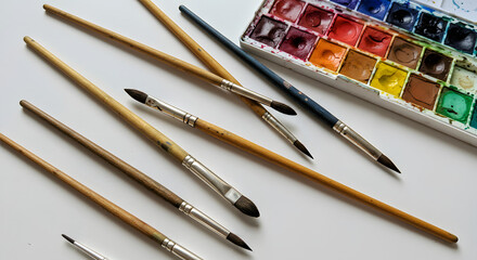 Obraz premium Paint Brushes and Watercolor Palette on White Background