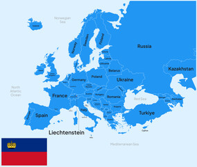Europe Map Highlighted at Liechtenstein Country with Flag and capital city