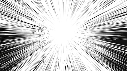 Abstract black and white digital lines converging towards the center. Digital artwork of black color explosion with white background. Comic effect. Technology and data visualization concept. AIG53.