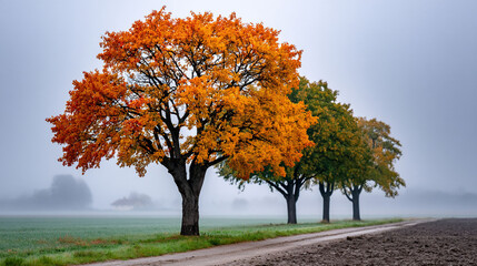 Trees in full autumn colors along a dirt road, a misty field surrounds them under a cloudy sky