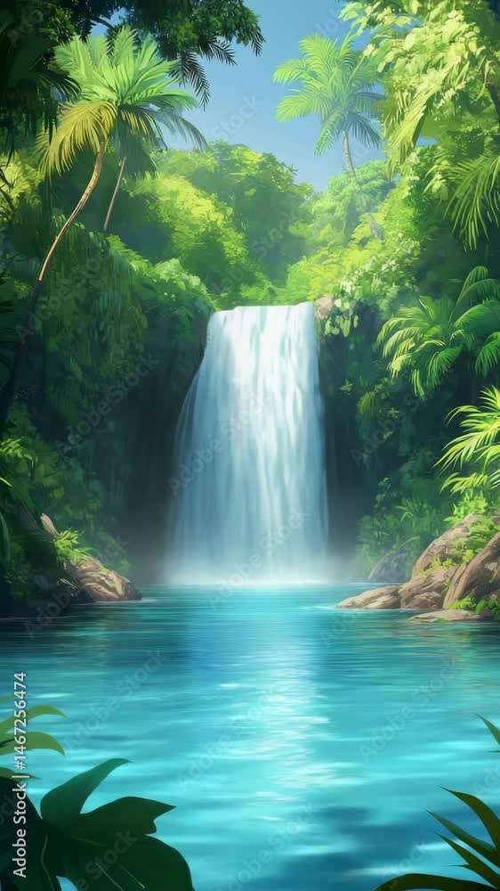 Poster refreshing waterfall cascading into a serene pond, surrounded by lush tropical vegetation, creating 