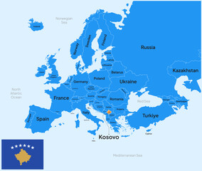 Fototapeta premium Europe Map Highlighted at Kosovo Country with Flag and capital city