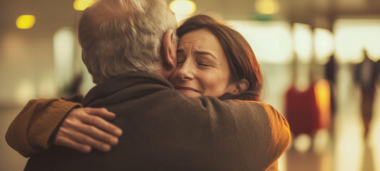 Emotional reunion between a woman and an older man embracing