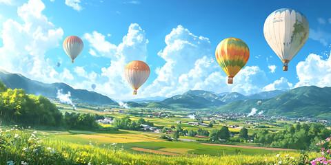 Obraz premium Hot Air Balloons Over Scenic Landscape Breathtaking View