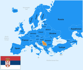 Europe Map Highlighted at Serbia Country with Flag and capital city