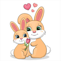 Cute Mother and Baby Bunny Hugging. Cartoon Rabbit Family Love Illustration with Tulip and Hearts.