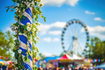 Decorated maypole with flowers and a ferris wheel in the background on a sunny day at a festival