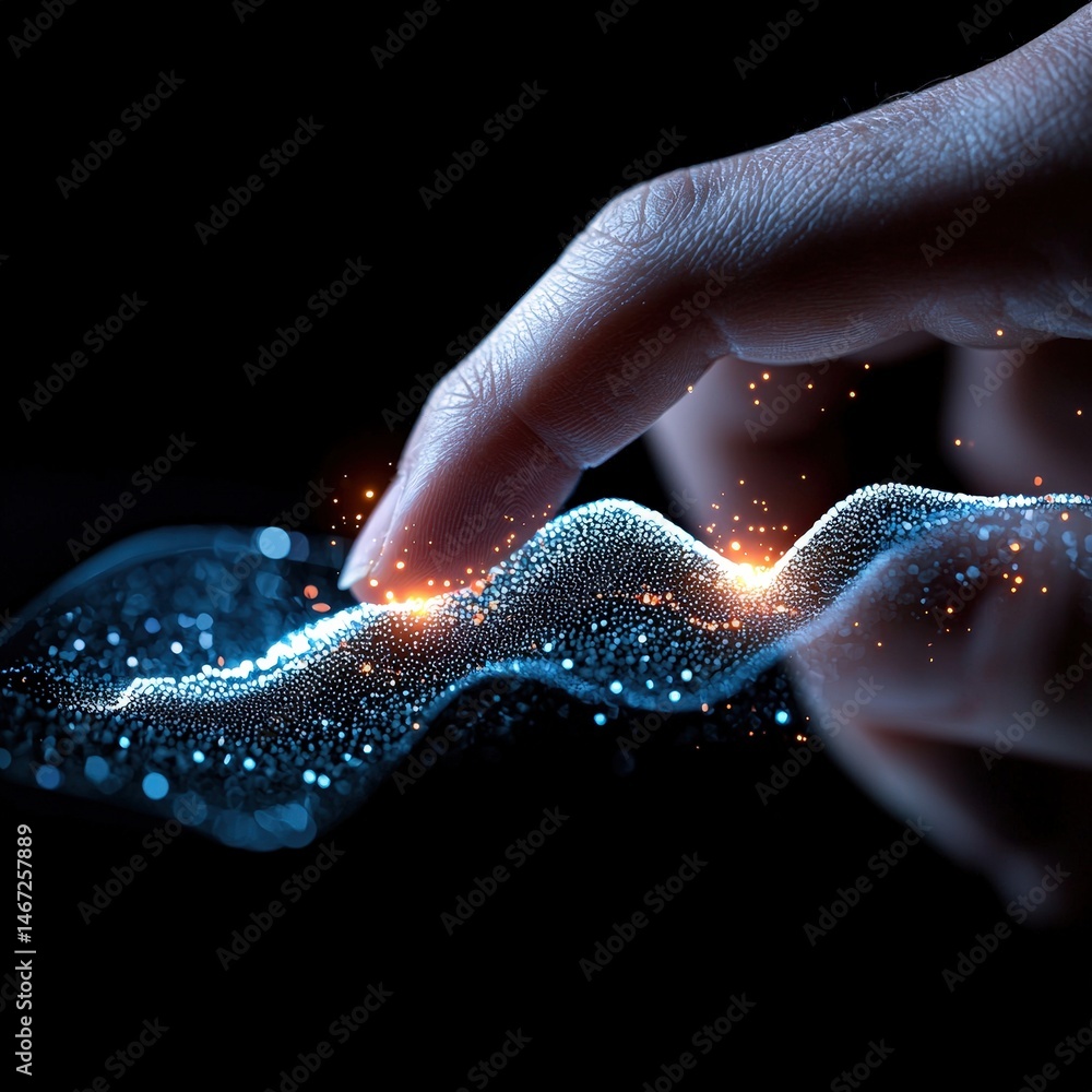 Poster a curious hand reaching out to touch a mysterious glowing object with an ethereal light emission