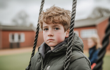 Young boy looking thoughtful on swing in playground setting