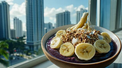 A healthy bowl of acai topped with granola, banana slices, and coconut flakes - Powered by Adobe