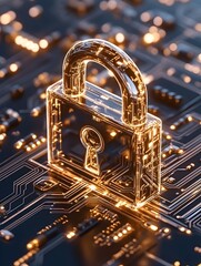Fototapeta premium A translucent padlock rests atop a glowing circuit board, symbolizing digital security and data protection