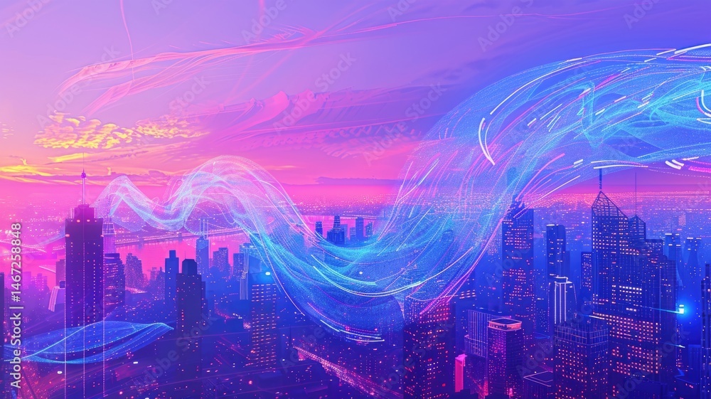 Poster abstract digital wave patterns with sparkles and bokeh. digital artwork of pastel gradient purple an