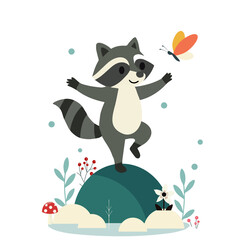 Fröhlicher Waschbär tanzt auf einem Hügel mit ausgebreiteten Armen und beobachtet einen bunten Schmetterling. Umgeben von Pflanzen, Pilz, Beeren und Blumen, auf hellem Hintergrund.