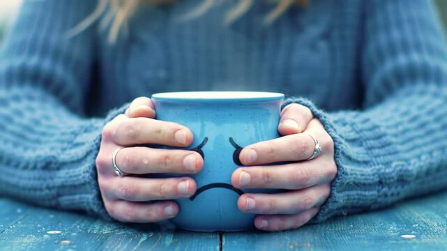 Blue Monday mug with emotive face held by a person for conveying sentiments and feeling