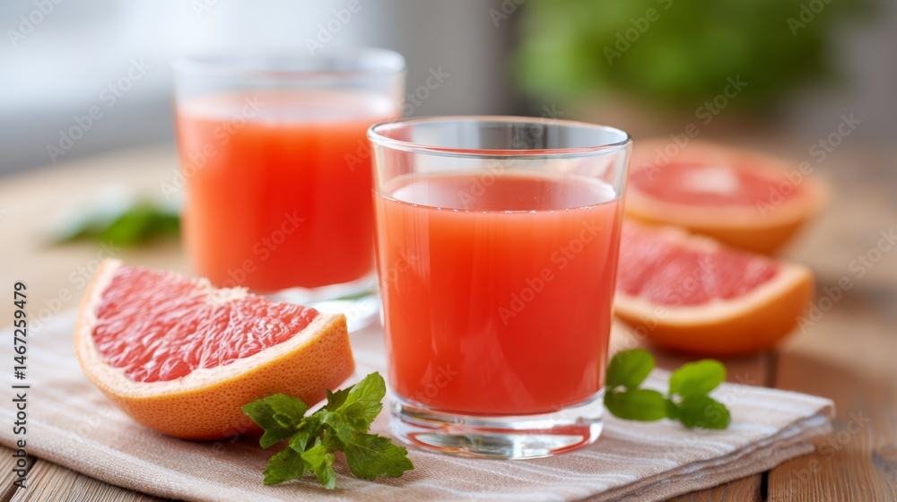 Aufkleber two glasses of chilled grapefruit juice sit on a wooden surface, accompanied by sliced grapefruit an