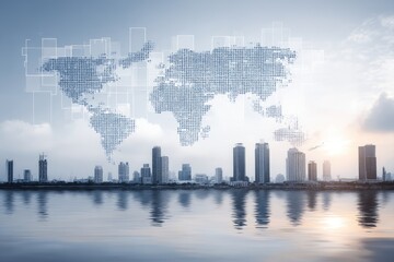 Global city skyline with world map overlay