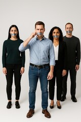 Fototapeta premium Diverse Group Silenced with Duct Tape – Conceptual Photo on Free Speech Suppression