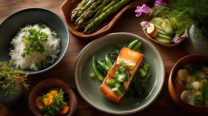 Asian inspired healthy table setting with rice bowls steamed fish miso soup and pickled vegetables arranged in a clean balanced composition

