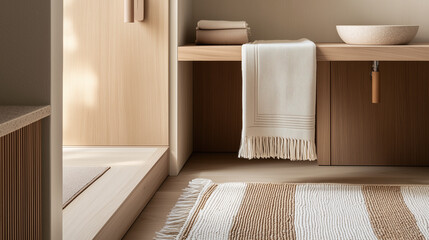 Fototapeta premium Serene interior scene featuring natural wood furniture, soft rug with stripes, and minimalistic decor. warm tones create calming atmosphere, perfect for relaxation and comfort