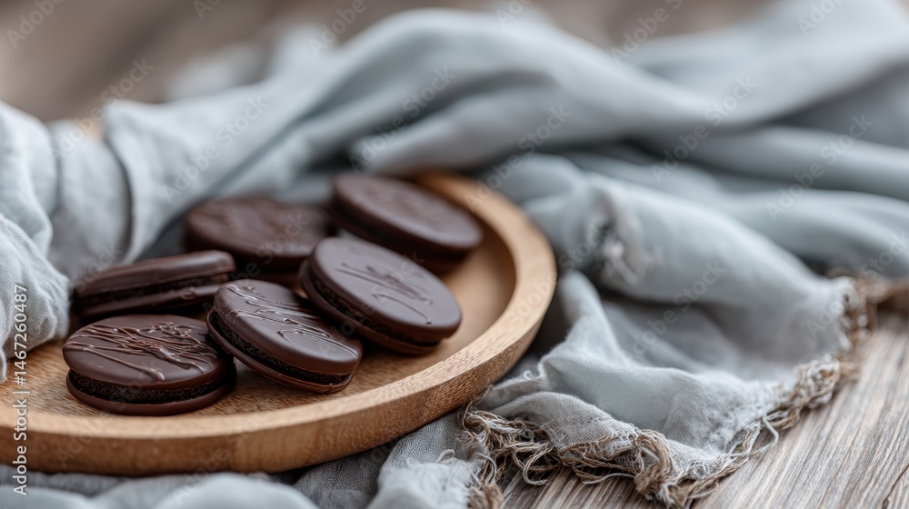 Poster rows of chocolate cookies sit perfectly in an open tin on a warm wooden tray, accompanied by a soft 