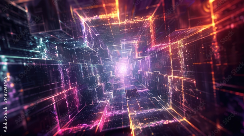 Poster abstract glowing cube structure in sci-fi landscape at sunset. digital artwork of 3d rendering of cu