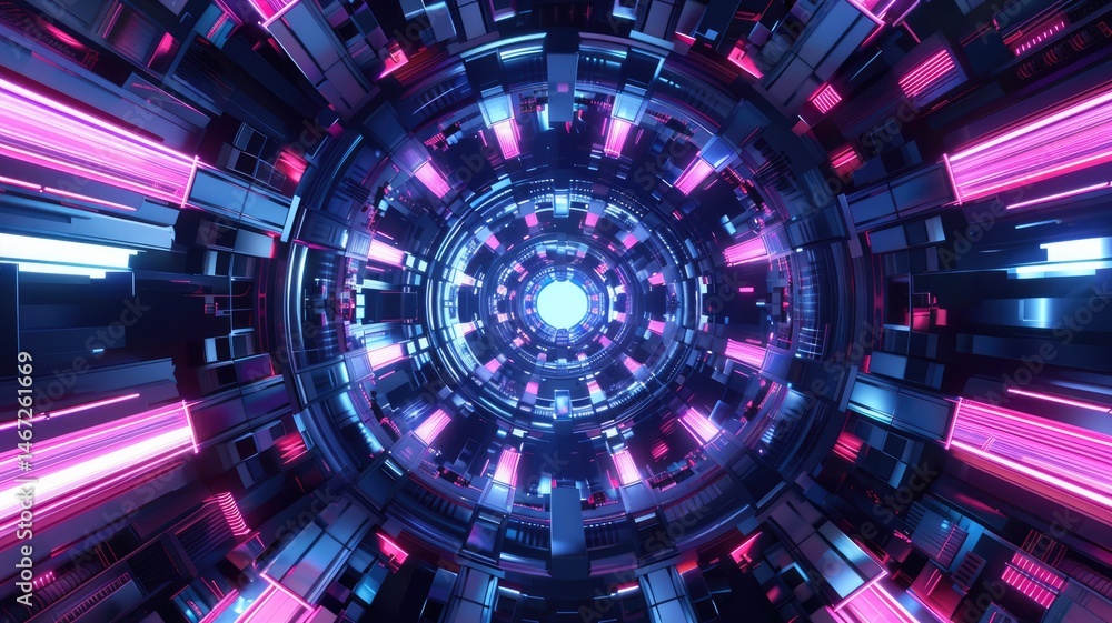 Aufkleber abstract picture of mysterious geometric shape portal with digital style neon light glowing to leadi