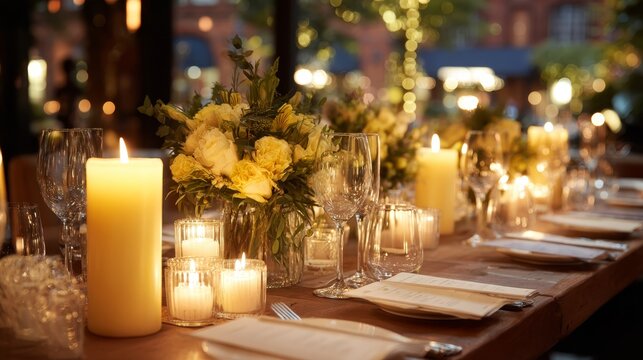 An elegant venue is beautifully set for an evening event, featuring candlelit tables adorned with floral centerpieces, creating a warm and sophisticated atmosphere