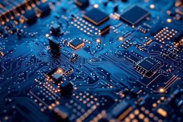 Detailed circuit board, close-up view, illuminated components, complex technology background