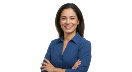 Smiling woman with crossed arms on white background