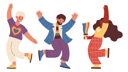 Happy LGBTQ community. Diverse LGBT People Gay and lesbians Dancing set. Pride Month. Fun holiday. Isolate Vector Illustration for Design, social media, unity and equal love